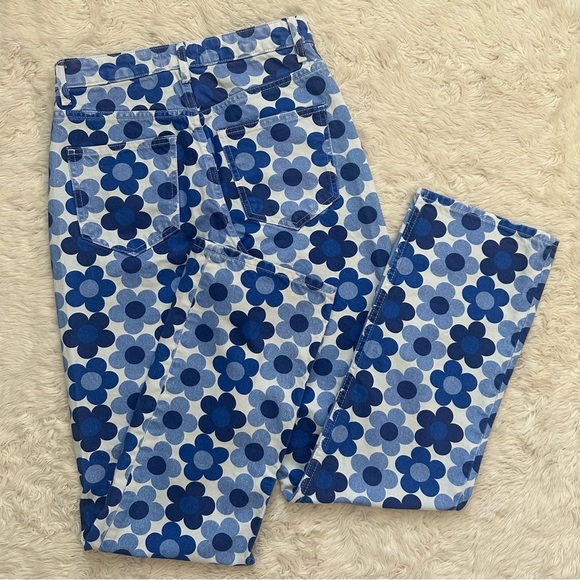 Zara Jeans Straight Leg High Rise Daisy Print Boho Hippie Floral Blue White 4 - Picture 3 of 12